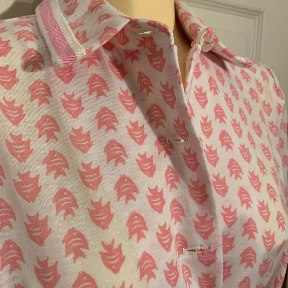 Vintage 1970s Shirt Dress Size Large Pink Fish Pattern Mid Calf Tie Waist - Picture 7 of 8